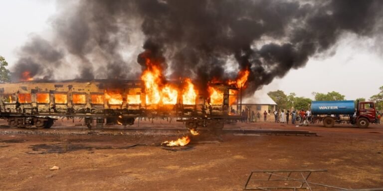Photos – Fire ravages Ibrahim Mahama’s heritage train