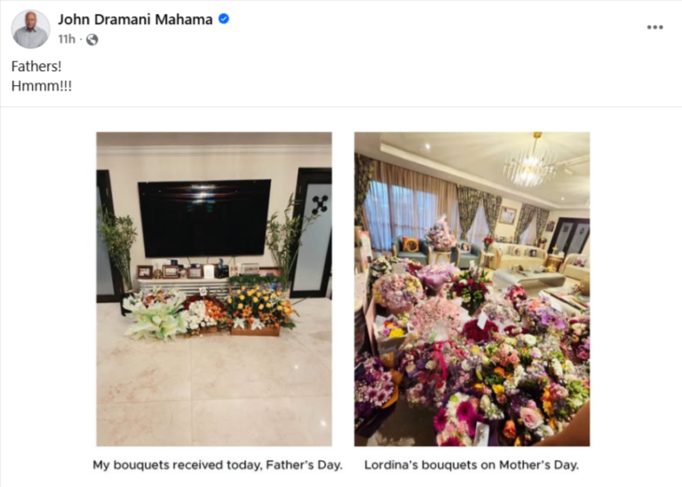 “Fathers! Hmmm!!!” – Mahama reacts to his Father’s Day bouquets, compares them with wife’s Mother’s Day bouquets